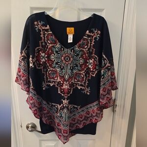 Ruby Rd. Women's Navy Boho V-Neck with Red & Teal Medallion Print, Size XL (316)